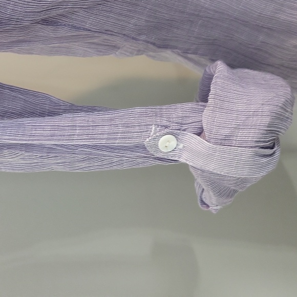 CHICO'S Purple Sheer Crinkle V-neck Roll-Tab Back Peplum Blouse - Picture 5 of 13